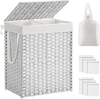 SONGMICS Laundry Basket with Lid, 90L Washing Basket 2 Compartments, Removable Liners with Handles, Handwoven Synthetic Rattan, for Bedroom, Bathroom, Laundry Room, 33 x 46 x 60 cm, White LCB251W01V1