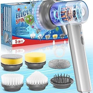 Cordless Rechargeable Electric Spin Scrubber - 2 Adjustable Speeds Portable & Lightweight Design, Comes with 5 Interchangeable Brush Heads for Bedroom, Kitchen, Sink, Floor, Bathtub & Wall Cleaning