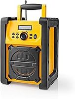 Job Site FM Radio with Bluetooth, IPX5 Water Resistant Portable Heavy Duty Speaker with AUX In, 20 Presets & Carry Handle, Battery or Mains Powered - Yellow