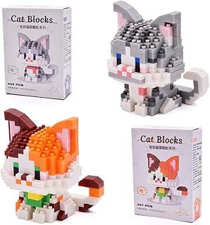 Cat Building Blocks, 2 Pcs Cats Building Toy Cute Cat Mini Building Blocks Set 3D Building Toy Bricks Cute Construction Toys Creativity Plastic Particle Building Toys Birthday Gifts for 14+Teens