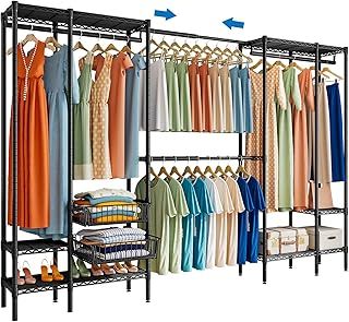 KZOBYD Extendable Clothes Rails, Coat Rails Coat Stand with Pull-out Baskets, Heavy Duty Clothing Garment Rack Freestanding Wardrobe Closet Organizer Clothing Rack with Adjustable Shelves(Black)
