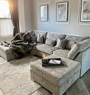 Alaska Truffle L or U Shaped Corner Sofa | Large Footstools | Included | Chenille Fabric | L Shape U Shape (Highback), Grey