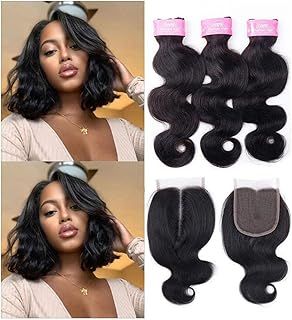 Body Wave Bundles with 4x4 T Part Lace Closure Human Hair 10 10 10+10 Inch 100% Unprocessed Brazilian Virgin Hair Extensions Weave Weft Bundles with T Part Closure