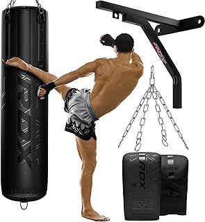 RDX Heavy 5FT Punch Bag Pro Training 3PC 4PC & Only Bag, 25KG Pre Filled with 50KG Max Filling Capacity, Boxing Bag Set with Gloves Bracket Hanging Steel Chain, MMA Kickboxing Muay Thai BJJ Home Gym