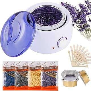 Hair Removal Waxing Kit, Wax Warmer with 4 PC Hard Wax Beans (14.1oz) 10 Wax Applicator Sticks for Full Body, Legs, Face, Eyebrows, Bikini Women Men Painless at Home Waxing (White1)