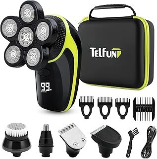 Head Shaver for Bald Men, Telfun Wet & Dry Waterproof Cordless Electric Razor for Men with LED Display, 5 in 1 Rotary Shaver Grooming Kit with Hair Clippers Beard Trimmer Nose Trimmer Cleansing Brush