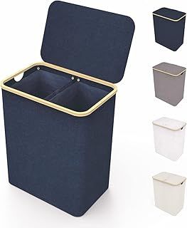 LONBET 150L Double Laundry Basket with Lid and Sturdy Bamboo Frame - Aesthetic Laundry Hamper with Side Handles, Made from Breathable Fabric - Laundry Bin with Removable Bag, Clothes Basket Blue
