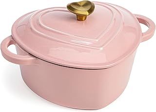Paris Hilton Enameled Cast Iron Dutch Oven Heart-Shaped Pot with Lid, Dual Handles, Works on All Stovetops, Oven Safe to 500°F, 2-Quart, Pink