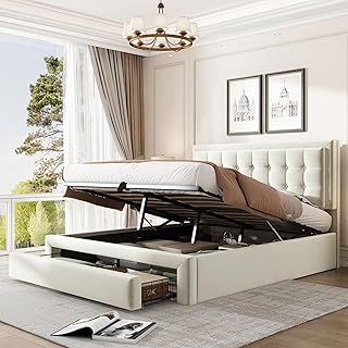 Upholstered Double Bed 135 x 190cm, Ottoman Storage Bed with Hydraulic Lever and Drawer, Large Storage Space, Velvet Fabric Ottoman Lift Up 4FT6 Double Bed Frame, No Mattress (Cream, 135 x 190cm)
