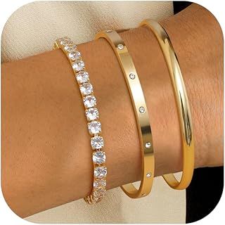 ORAZIO 3Pcs Gold Bracelet for Women 14K Gold Plated Bangle Cuff Tennis Bracelet Adjustable Stacking Bangle Link Chain Bracelets Gold Jewellery Gifts Set for Women