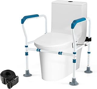 RELAX4LIFE Toilet Safety Frame, Adjustable Toilet Surround Frame Mobility Aids with Fixed Strap and Non-Slip Pads, Foldable Bathroom Safety Handrail Rails Stand for Disabled Elderly Pregnant