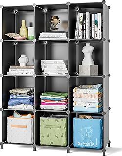 FUNLAX Cube Storage Unit 12 Cubes Stackable Storage Organiser Shoe Rack Bookcase Plastic Shelves Closet Portable Wardrobe for Bedroom Living Room Bathroom,Black