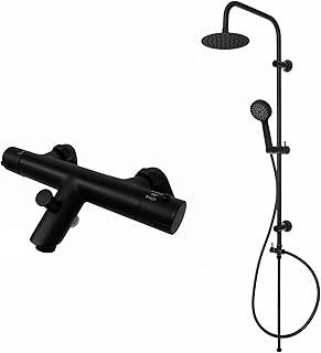 Dune, BBT0249, Black, Thermostatic Bath Shower Mixer Valve with Dual Rigid Riser Kit, 200mm Ultra Slim Overhead Shower & Multi Function Hand Shower, Anti-Scald Device, Modern, 10-Year Guarantee