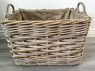 Rectangle Log/Storage Basket, Hessian Lined, Excellent Quality, Very Strong Kuba Rattan (Large)