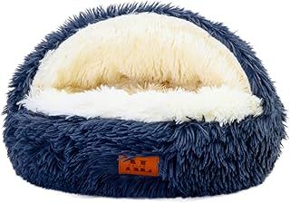 50cm Anti-Anxiety Donut Cave Dog Bed with Roof for Pets under 6 kg - Cozy Hooded Bed, Washable Plush Faux Fur, Snuggle Cave with Cushioned Pillow (Wolf blue)