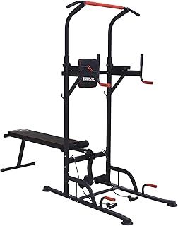 HOMCOM Multifunction Power Tower Home Workout Dip Station w/Sit-up Bench Push-up Bars and Tension Ropes Fitness Equipment Office Gym Training