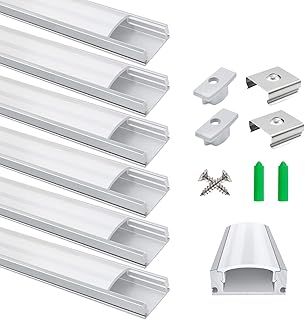 LightingWill LED Aluminum Profile, LED Aluminum Channel 6-Pack 3.3ft/1Meter Silver U-Shape LED Diffuser with Milky White Cover, End Caps and Mounting Clips Aluminum Extrusion for LED Strip Lights U02