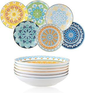 AHX Ceramic Pasta Bowls - 8 Inch Ceramic Salad Bowl Set of 6 - Wide and Shallow Soup Plates - Colorful Patterns - Microwave and Dishwasher Safe - 23 oz