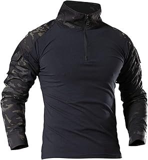 Men's Military Tactical Long Sleeve Shirt, 70% Polyester + 30% Cotton, Quick Dry, Outdoor Tops, 1/4 Front Zip, Camouflage, X-Large