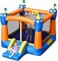 COSTWAY Kids Bouncy Castle, Inflatable Bouncer House with Slide, Basketball Rim, Jumping Area and Carrying Bag, Blow Up Jumper for Indoor Outdoor (Magic)