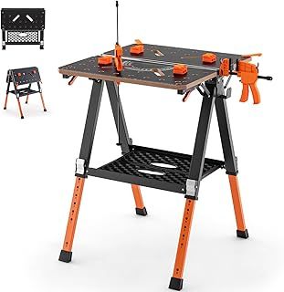 GiantexUK Folding Workbench, 8 Heights Adjustable Flip-Top Work Table with Quick Clamps, Bottom Shelf & Measurement, Heavy Duty Portable Sawhorse Tool Stand for Wood Working Engineering Repairing