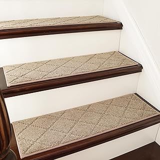 COSY HOMEER Edging Stair Treads Non-Slip 22 x 70cm(15PCS), Indoor Carpet Treads for Kids, Elders and Dogs, Machine Washable, 100% Polyester, TPE Backing, Beige