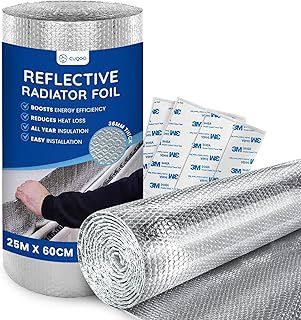 Radiator Reflector Foil 25m x 60cm - 3.6mm Thick Bubble Wrap Insulation, Energy-Saving Heat Deflector Panels, Reflective Foil Roll for Radiator Efficiency