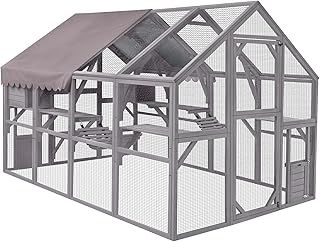 Large Enclosure Cat Run Wooden Catio Outdoor Kitty House with Bridges, Walks, Small Houses, Roof Cover