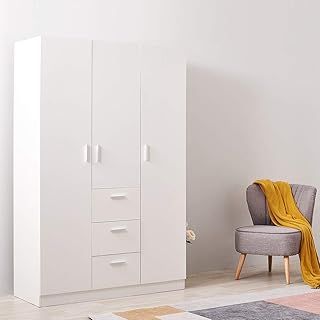 Wooden 3 Doors 3 Drawers Wardrobes with Hanging Rail and Storage Shelves Modern Large Clothes Cupboards Unit for Bedroom Furniture (White)