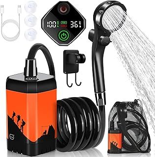 MIAOKE Upgrade Portable Camping Shower, 7800mAh Outdoor Electric Shower Rechargeable Pump with Intelligent Digital Display Temperature Display Shower Head for Camping, Hiking, Traveling