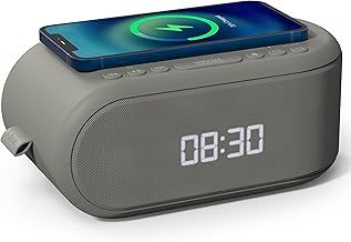i-box Alarm Clocks Bedside, Dual Alarm Clock with Wireless Charging, Bluetooth Speaker, Radio Alarm Clock, Fast Qi Wireless Charger, Mains Powered, FM Radio, USB Charging Port, Dimmable, Non Ticking