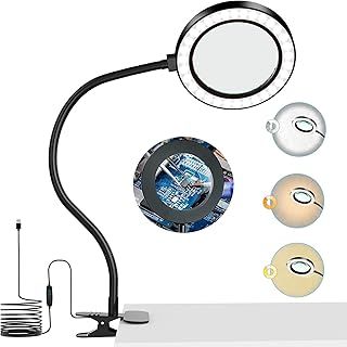 8X Magnifying Glass with Light and Stand Magnifying Lamp, 3 Adjustable Colour Modes/10 Brightness Levels Magnifier Lamp with Metal Clamp