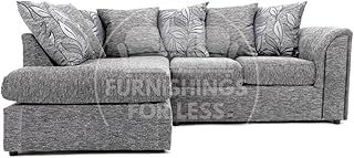 Furnishings For Less UK Byron Dundee Fabric Corner Sofa 3-4 Seater L Shaped Silver With Patterned Cushions (Left Hand Facing)