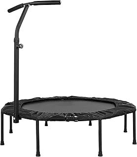 Foldable Fitness Trampolines 50 inch, Ø128cm Mini Trampoline Indoor/Outdoor, Quiet Rubber Rope Suspension, Height-Adjustable Handles, 150kg Load Capacity for Adults Jumping, Training, Black