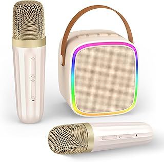 Karaoke Machine 2 Microphones, Kids Microphone Portable Wireless Bluetooth Speaker for Kids Adults Toddler, Christmas Kids Toys for 4 5 6 7 8 9 10 12 Year Old Birthday Gift Ideas (Beige)