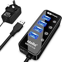 atolla USB Hub with 4 USB 3.0 SuperSpeed Data Ports and 1 USB Smart Charging Port, USB Splitter with Individual On/Off Switches and 5V/3A Power Adapter