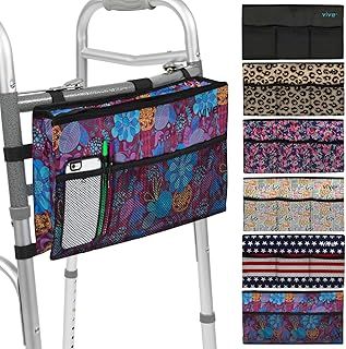 Vive Wheelchair Zimmer Frame Bag - Water Resistant Accessory Basket Provides Hands Free Storage for Folding Walkers - Attachment Fits Wide (Purple Floral)