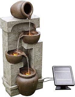 Teamson Home Solar Powered Water Feature, Indoor or Outdoor Garden Water Fountain, 4 Tier Pot, Waterfall with Solar Powered Pump and LED Lights