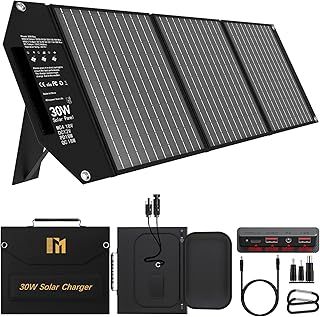 Mesuvida 30W Portable Solar Panel Charger with 5 Ports, 18V MC4 Higher Output/12V DC/QC 3.0 USB-A & USB-C(PD 18W) Foldable Solar Panel with Kickstands for Tablet Powerbank Camping