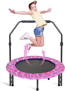 36'' Kids Trampoline Body Coordination with Adjustable Handle Back Panel Foldable Mini and Safety Padded Cover Trampoline Indoor and Outdoor Exercise for Toddler Boys Girls Play and Exercise