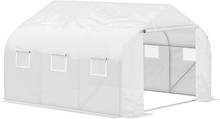 Outsunny Walk-In Polytunnel Greenhouse Warm House Garden Tunnel Shelter Plant Shed with Door and Windows, Galvanised Steel Frame, 3.5 x 3 x 2m, White