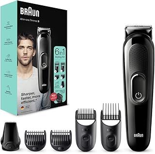Braun 6-in-1 All-in-One Series 3, Male Grooming Kit with Beard Trimmer, Hair Clippers & Precision Trimmer with Lifetime Sharp Blades, 5 Attachments, Gifts for Men, UK 2 Pin Plug, MGF3335, Black Razor