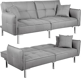 Yaheetech 198CM Sofa Bed, 3 Seat Click Clack Sofa with Arms and 2 Soft Cushions, Modern Fabric Couch Settee for Living Room, Bedroom, Grey