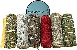 NessaStores 7 pc Smudge Stick Sampler of Palo Santo, Ruda Rue, White Sage, Black Sage, Dragon's Blood Sage, Blue Sage, & Cedar - 4 Inch, All Natural, Ethically Sourced for Home Cleansing JC-209-C