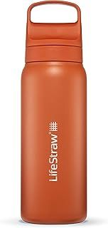 LifeStraw Go Series — Insulated Stainless Steel Water Filter Bottle for Travel and Everyday Use Removes Bacteria, Parasites and Microplastics, Improves Taste, 24oz Kyoto Orange