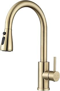 DAYONE Gold Kitchen Sink Tap Mixer with Pull Out Sprayer, SUS304 Stainless Steel Sink Mixer Taps, 360°Swivel High Arc 3 Functions Spray Brush Gold Kitchen Faucet