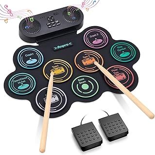 Anpro Electric Drum Set, 9 Drum Pad with Dual Stereo Speakers, Roll-up Electronic Drum Kit with Drum Pedals Drum Sticks, Support Headphone/Bluetooth/MIDI Practice, Gift for Children and Adult Beginner