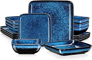 vancasso, Stern BR-Stern-B-SL-NL Series 16-Piece Stoneware Glaze, 4 Flat Plates, 4 Soup Bowls, 4 Soup Bowls and 4 Square Dessert Plates - Blue