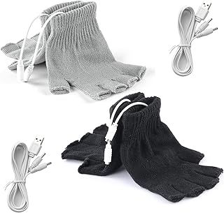 2 Pairs USB Heated Gloves for Men and Women, USB 2.0 Powered Stripes Heating Pattern Knitting Wool Heating Mittens Hands Warmer Fingerless Washable Design Winter Gift (Black & Gray)
