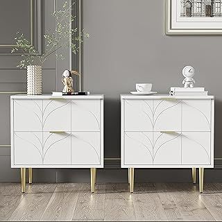 Bedside Tables Set of 2, Stylish Nightstand with 2 Drawers, Gold-plated Feet and Buttons, Floral Pattern, Corners with Anti-bump Design, Bedside Cabinets for Bedroom, 50x40x54cm, White